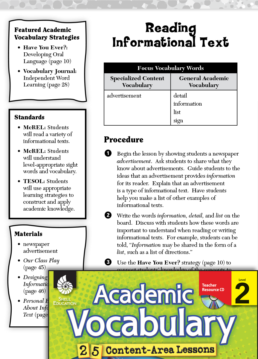 Reading Informational Text Academic Vocabulary Level 2 Teachers