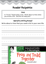 Frog and Toad Together Reader Response Writing Prompts