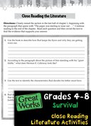 Close Reading Literature Activities Survival Stories: Grades 4-8